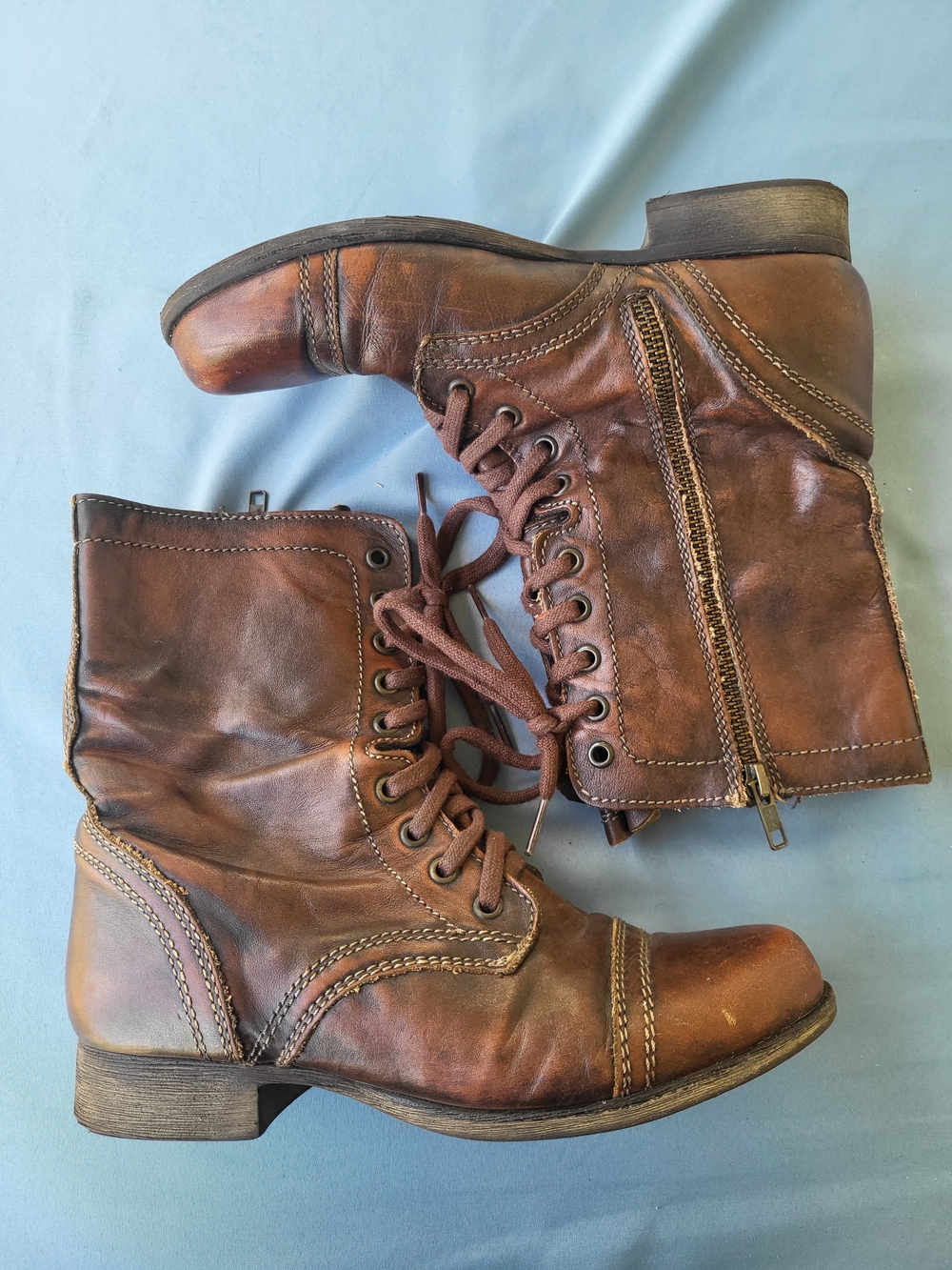 Steve Madden Troopa Distressed Brown Leather Lace Up Side Zip Combat Boots 7.5